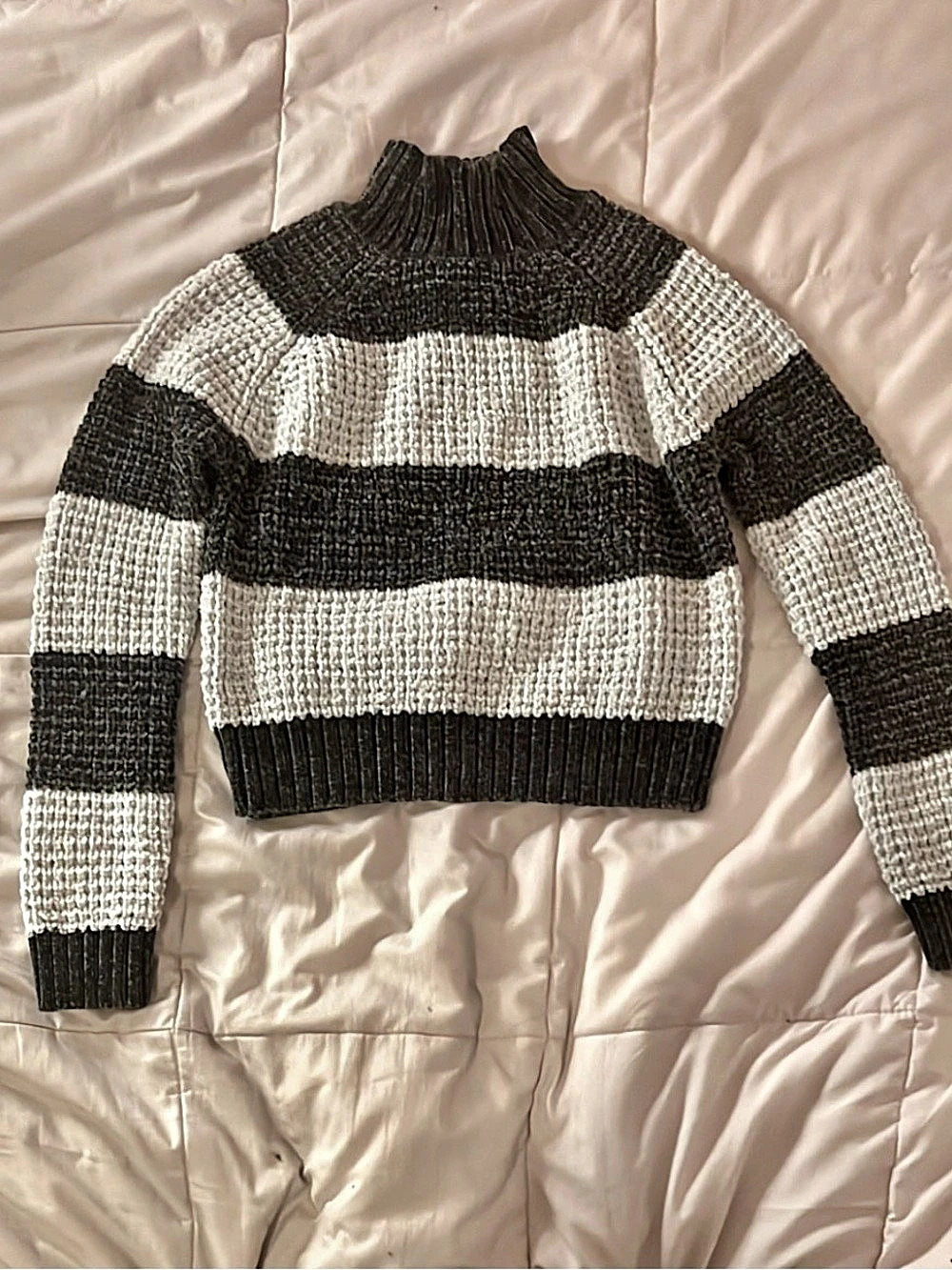 Poof Apparel Striped Turtleneck Sweater Gray & White Medium
